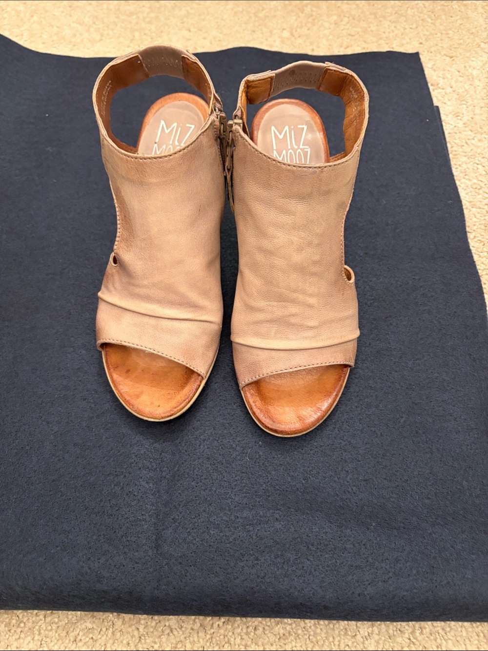 Miz Mooz Blush Tan Peep-Toe Cutout Block Heel Sandals - Picture 2 of 5